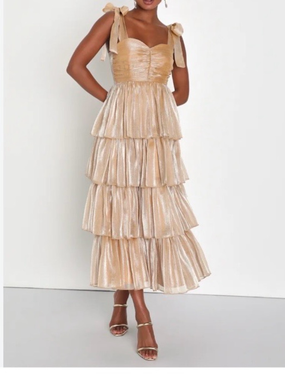 Lulus Radiant Arrival Shiny Gold Organza Tiered Tie-Strap Maxi Dress